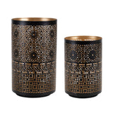 Set of Two Black And Gold Distressed Abstract Iron And Metal Tabletop Hurricane Candle Holders