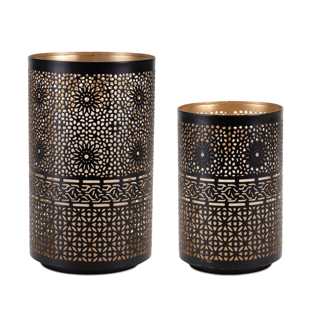Set of Two Black And Gold Distressed Abstract Iron And Metal Tabletop Hurricane Candle Holders