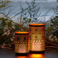 Set of Two Black And Gold Distressed Abstract Iron And Metal Tabletop Hurricane Candle Holders