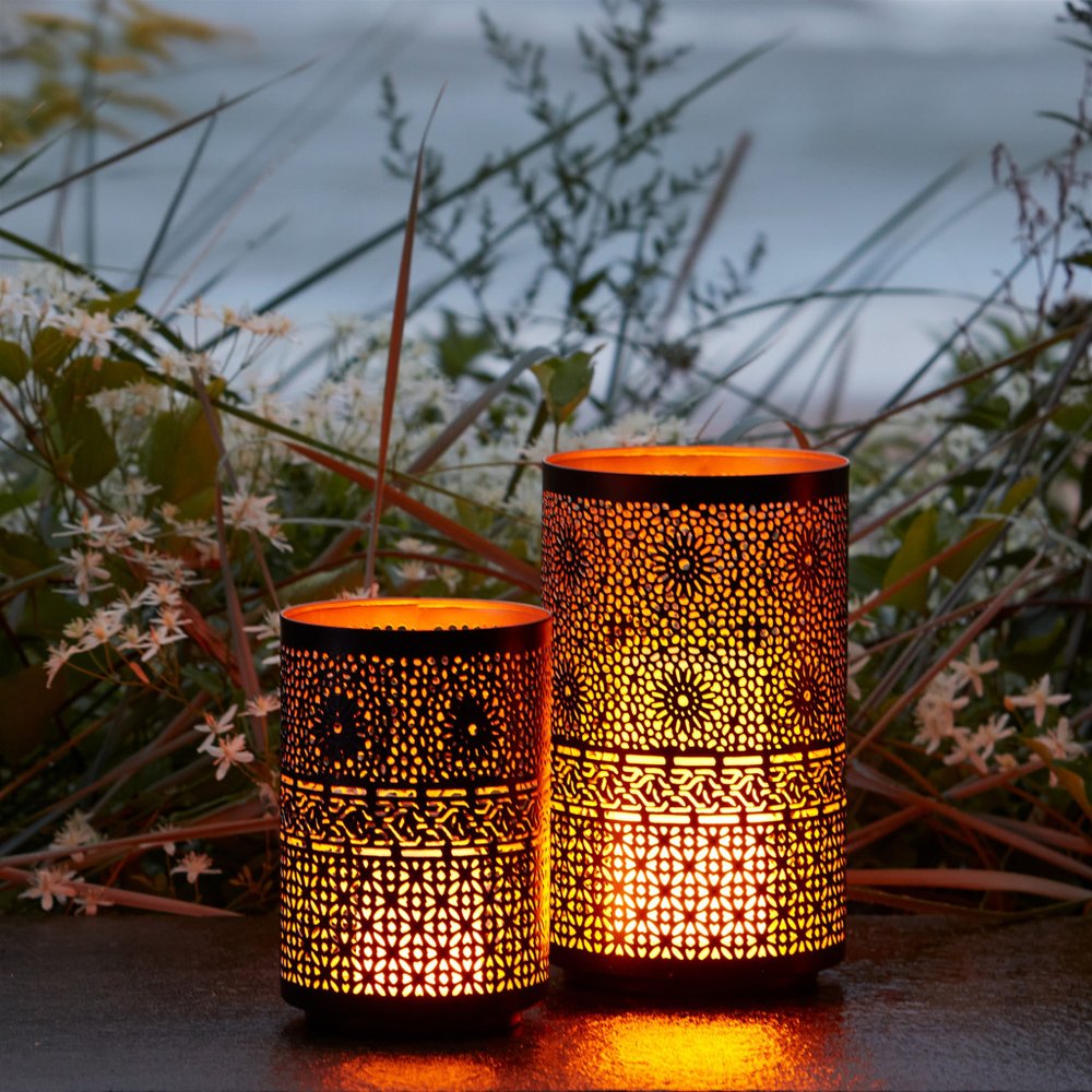 Set of Two Black And Gold Distressed Abstract Iron And Metal Tabletop Hurricane Candle Holders