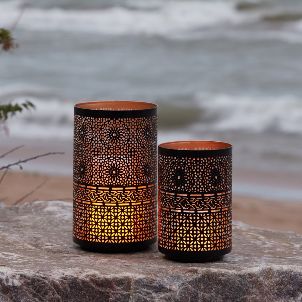 Set of Two Black And Gold Distressed Abstract Iron And Metal Tabletop Hurricane Candle Holders