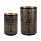 Set of Two Black And Gold Distressed Abstract Iron And Metal Tabletop Hurricane Candle Holders