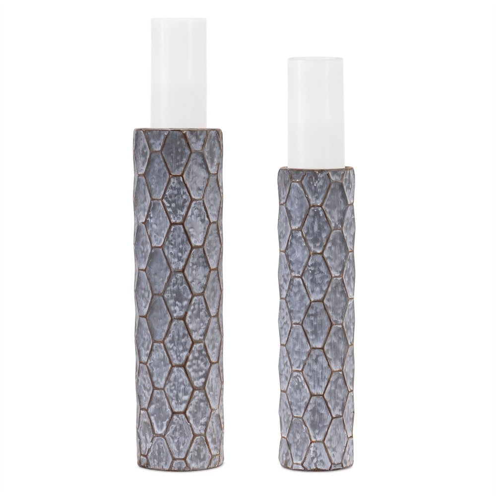 Set of Two Gray And White Distressed Geometric Metal Tabletop Pillar Candle Holders