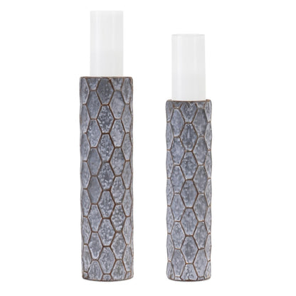 Set of Two Gray And White Distressed Geometric Metal Tabletop Pillar Candle Holders