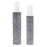 Set of Two Gray And White Distressed Geometric Metal Tabletop Pillar Candle Holders