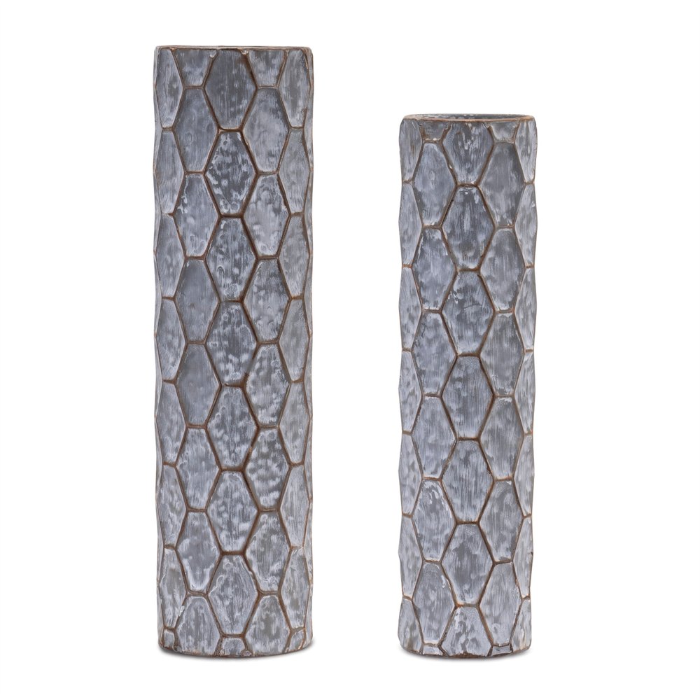 Set of Two Gray And White Distressed Geometric Metal Tabletop Pillar Candle Holders