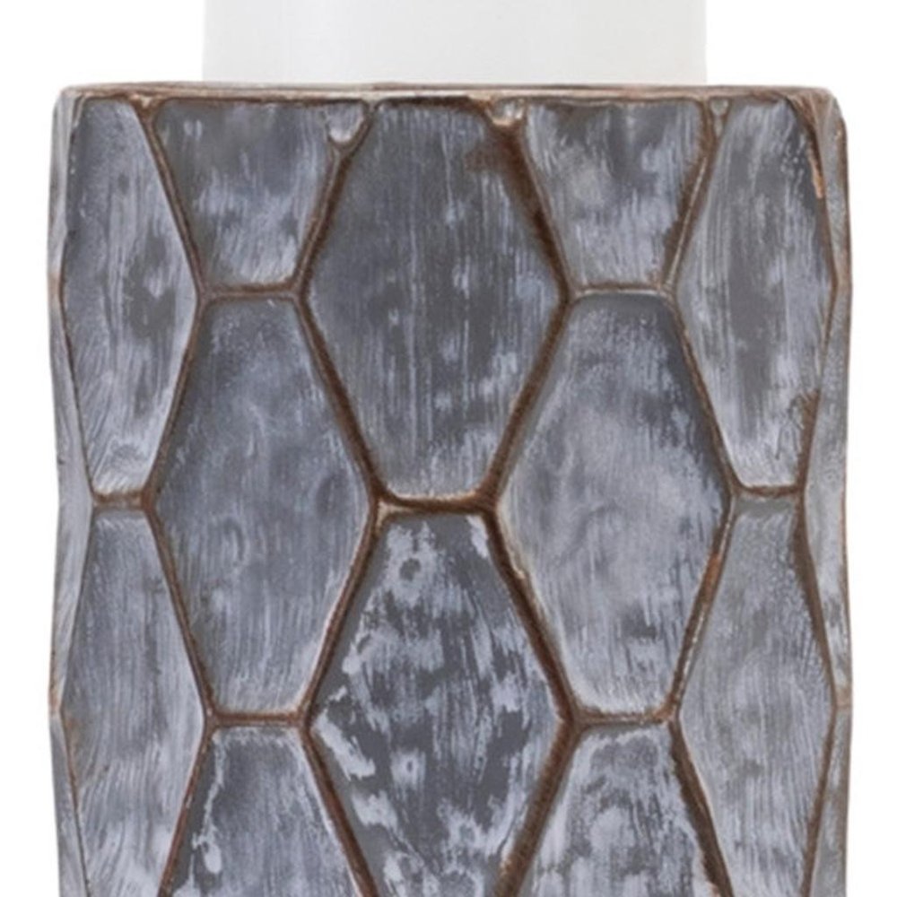 Set of Two Gray And White Distressed Geometric Metal Tabletop Pillar Candle Holders
