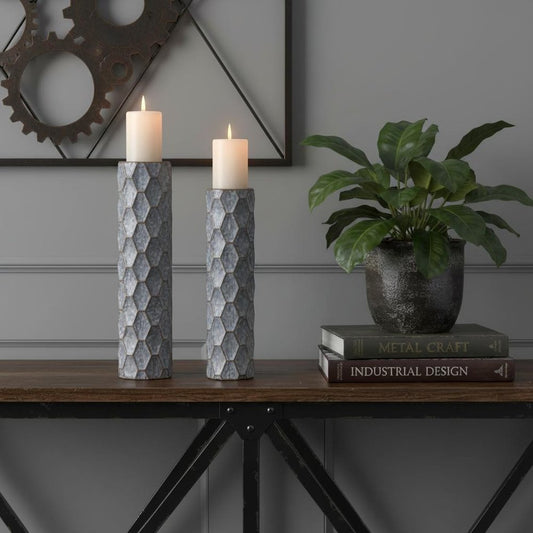 Set of Two Gray And White Distressed Geometric Metal Tabletop Pillar Candle Holders
