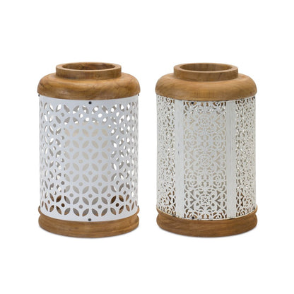 Set of Two White And Brown Geometric Metal Tabletop Lantern Candle Holders