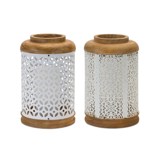 Set of Two White And Brown Geometric Metal Tabletop Lantern Candle Holders