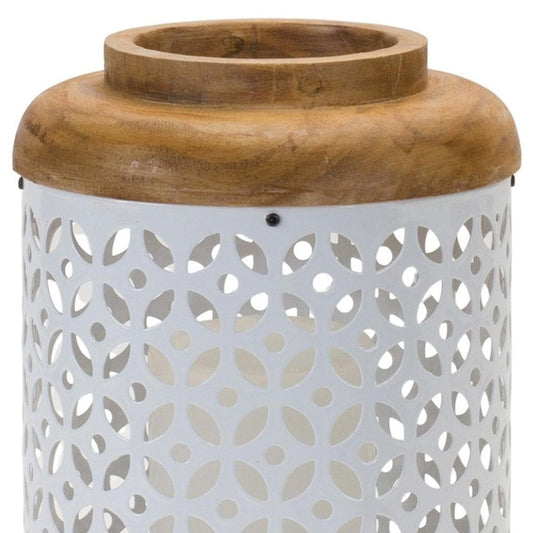 Set of Two White And Brown Geometric Metal Tabletop Lantern Candle Holders