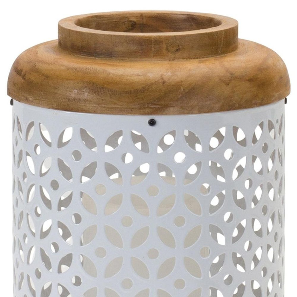 Set of Two White And Brown Geometric Metal Tabletop Lantern Candle Holders