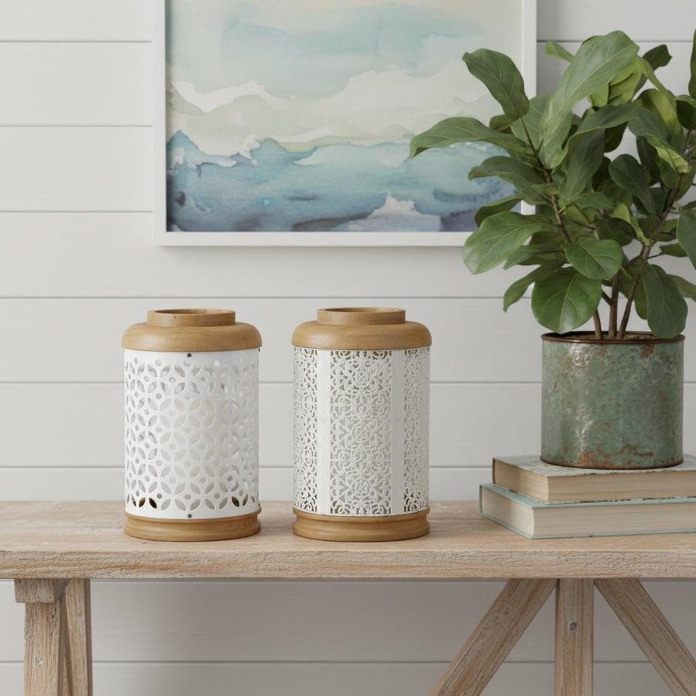 Set of Two White And Brown Geometric Metal Tabletop Lantern Candle Holders