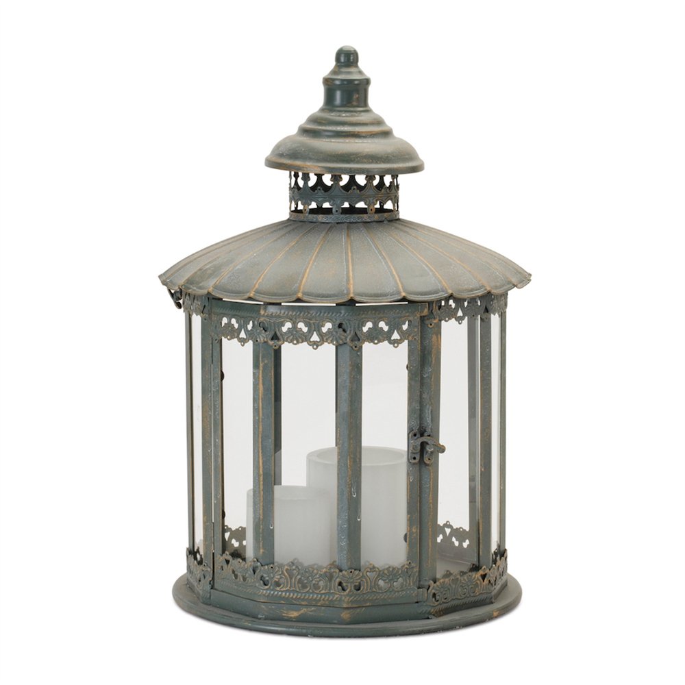 20" Gray Distressed Geometric Metal And Glass Centerpiece Lantern Candle Holder