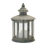 20" Gray Distressed Geometric Metal And Glass Centerpiece Lantern Candle Holder