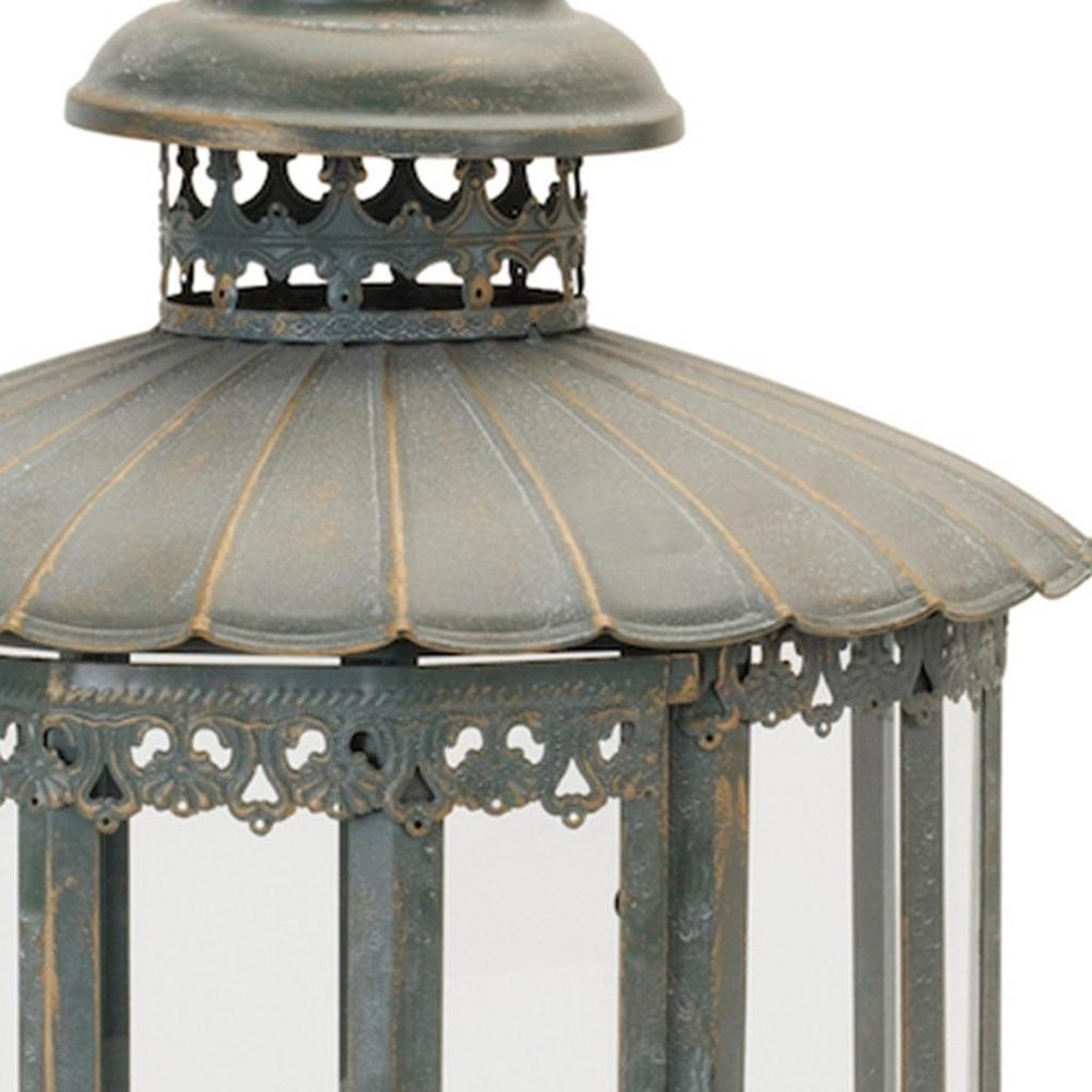 20" Gray Distressed Geometric Metal And Glass Centerpiece Lantern Candle Holder