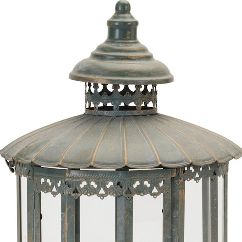 20" Gray Distressed Geometric Metal And Glass Centerpiece Lantern Candle Holder