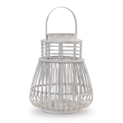 15" White Distressed Woven Manufactured Wood Centerpiece Lantern Candle Holder