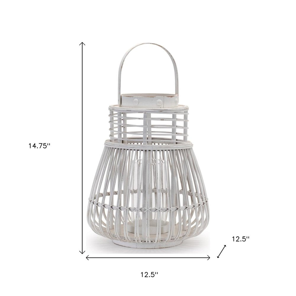 15" White Distressed Woven Manufactured Wood Centerpiece Lantern Candle Holder
