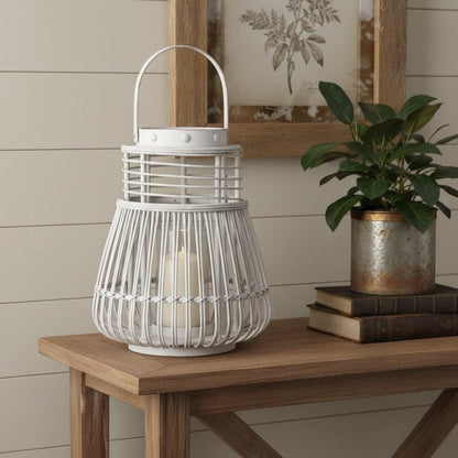 15" White Distressed Woven Manufactured Wood Centerpiece Lantern Candle Holder