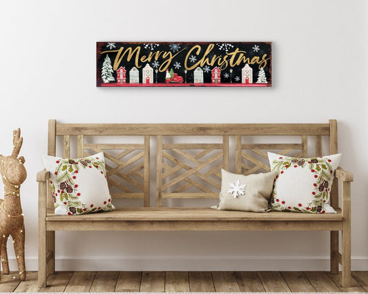 36" Black Gold And Red Solid Wood Merry Christmas Decorative Sign