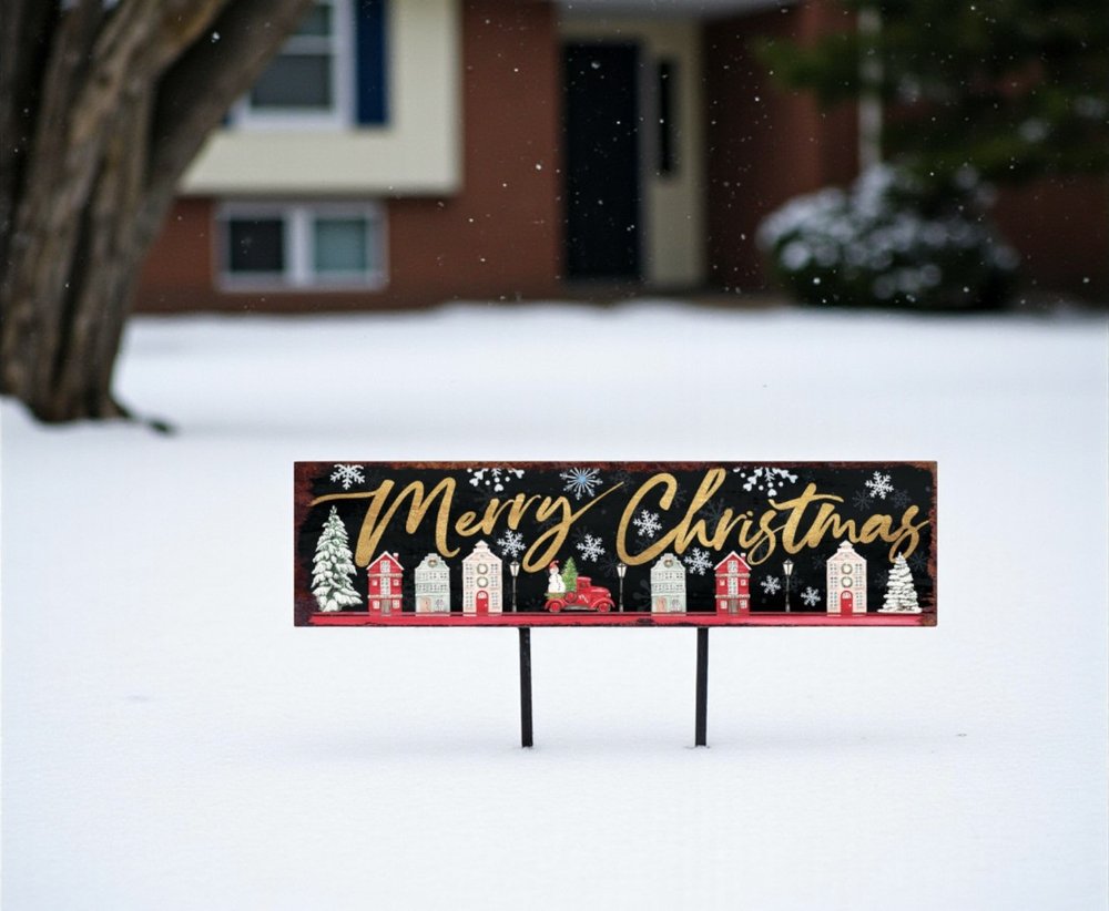 36" Black Gold And Red Solid Wood Merry Christmas Decorative Sign