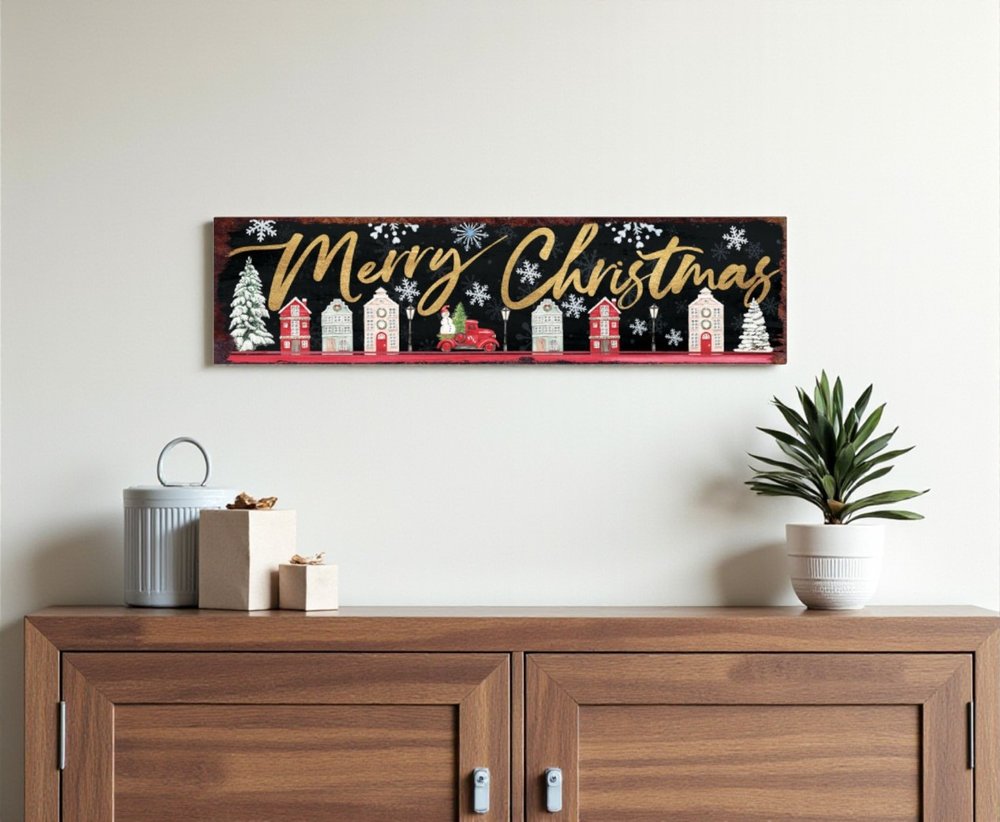 36" Black Gold And Red Solid Wood Merry Christmas Decorative Sign