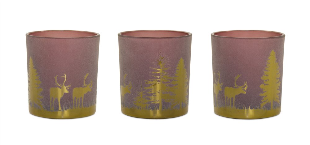 Set of Three Red And Gold Distressed Abstract Glass Tabletop Votive Candle Holders