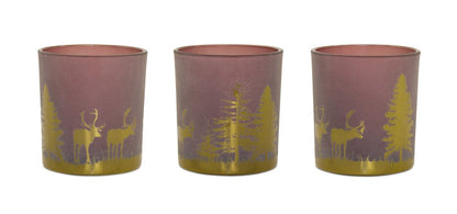 Set of Three Red And Gold Distressed Abstract Glass Tabletop Votive Candle Holders