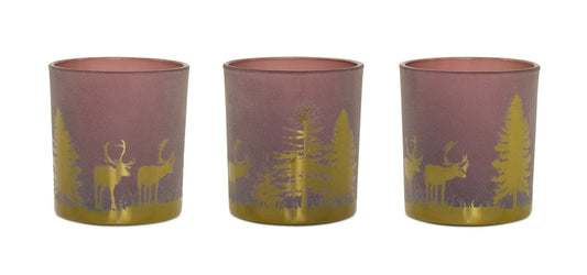 Set of Three Red And Gold Distressed Abstract Glass Tabletop Votive Candle Holders