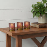 Set of Three Red And Gold Distressed Abstract Glass Tabletop Votive Candle Holders