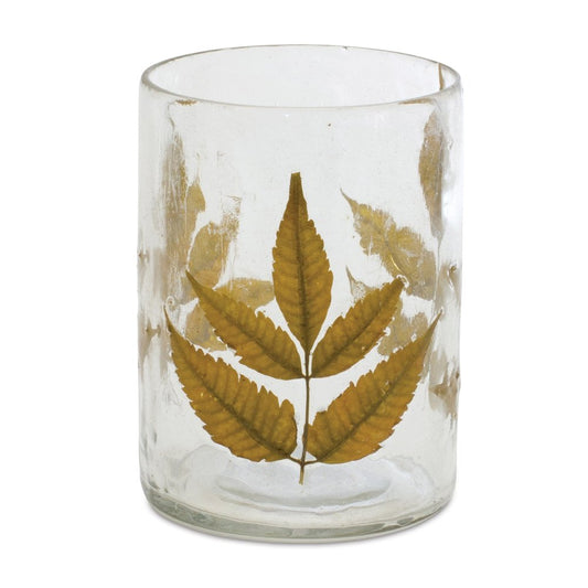 Set of Three Brown Distressed Botanical Leaf Glass Tabletop Hurricane Candle Holders