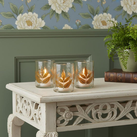 Set of Three Brown Distressed Botanical Leaf Glass Tabletop Hurricane Candle Holders