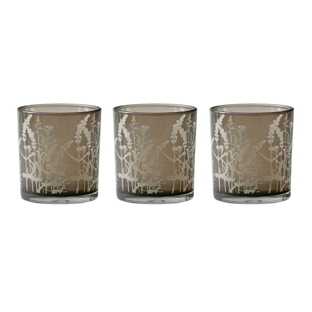 Set of Three Gray Distressed Floral Glass Tabletop Votive Candle Holders