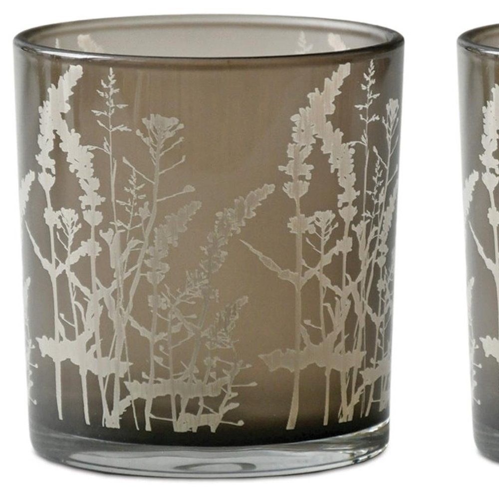 Set of Three Gray Distressed Floral Glass Tabletop Votive Candle Holders