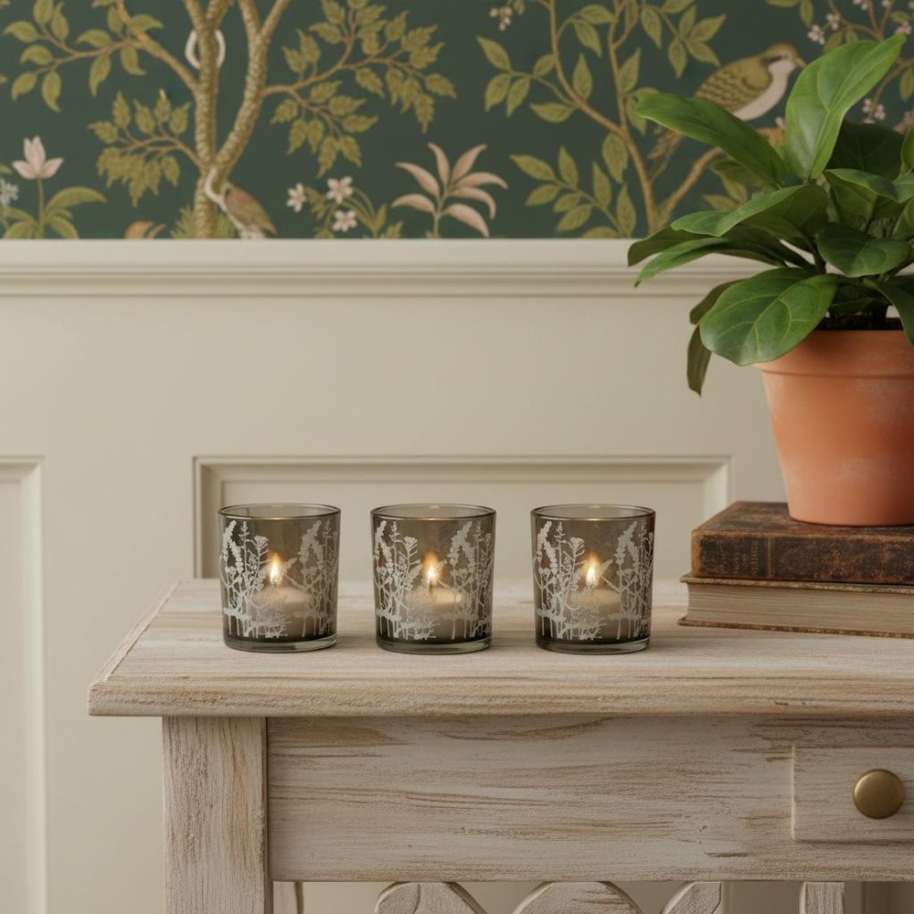 Set of Three Gray Distressed Floral Glass Tabletop Votive Candle Holders