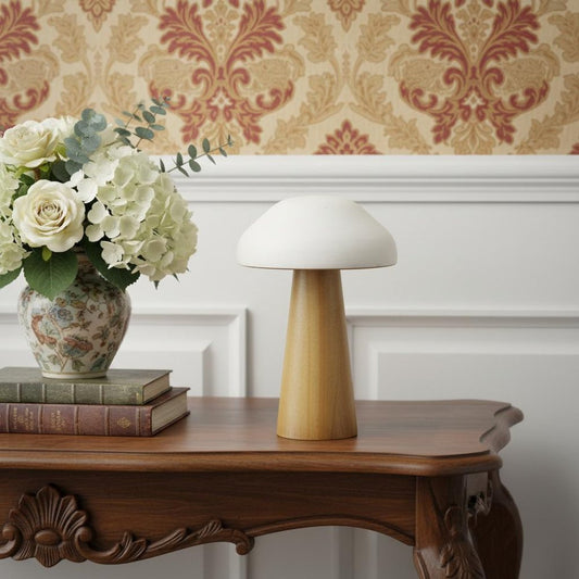 9" Brown And White Wood Hand Painted Mushroom Tabletop Sculpture