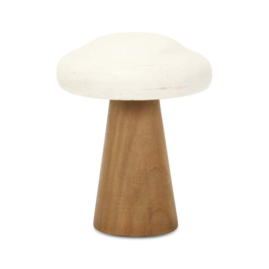 7" Brown And White Wood Hand Painted Mushroom Tabletop Sculpture