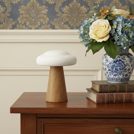7" Brown And White Wood Hand Painted Mushroom Tabletop Sculpture