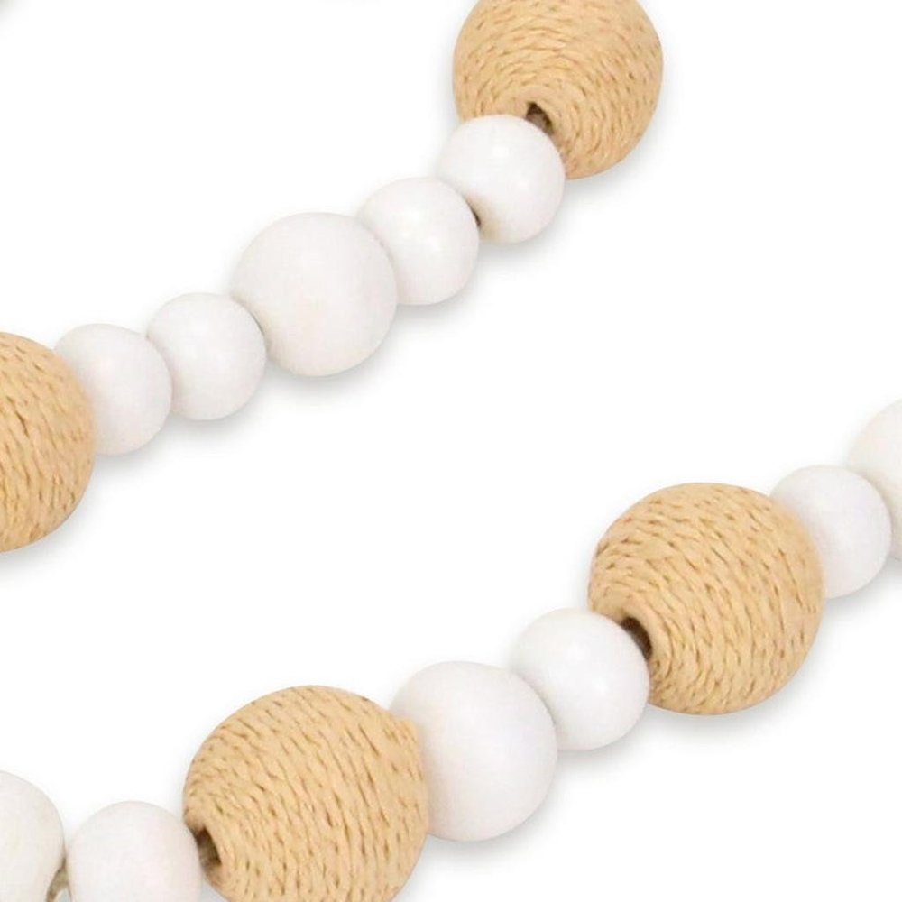 38" White And Natural Wood And Fabric Hand Painted Decorative Tassel