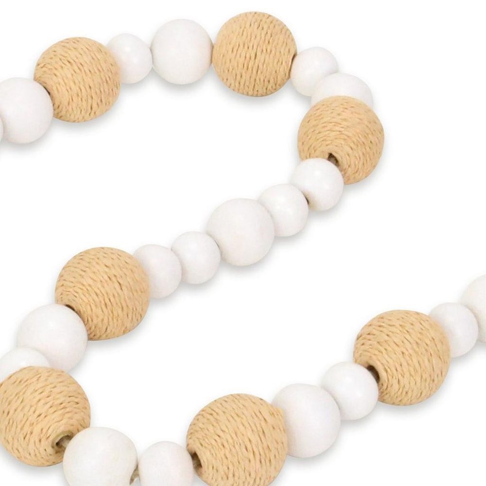 38" White And Natural Wood And Fabric Hand Painted Decorative Tassel