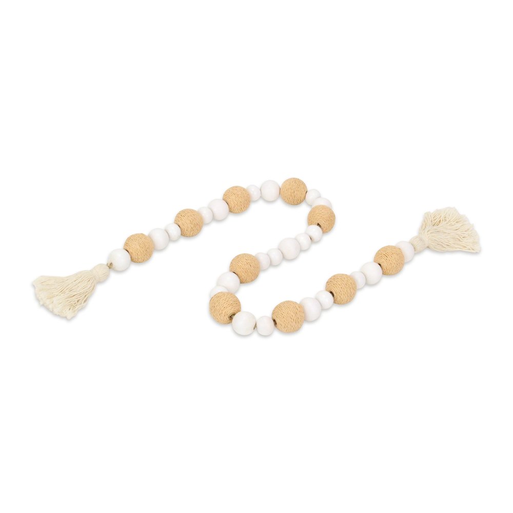 38" White And Natural Wood And Fabric Hand Painted Decorative Tassel