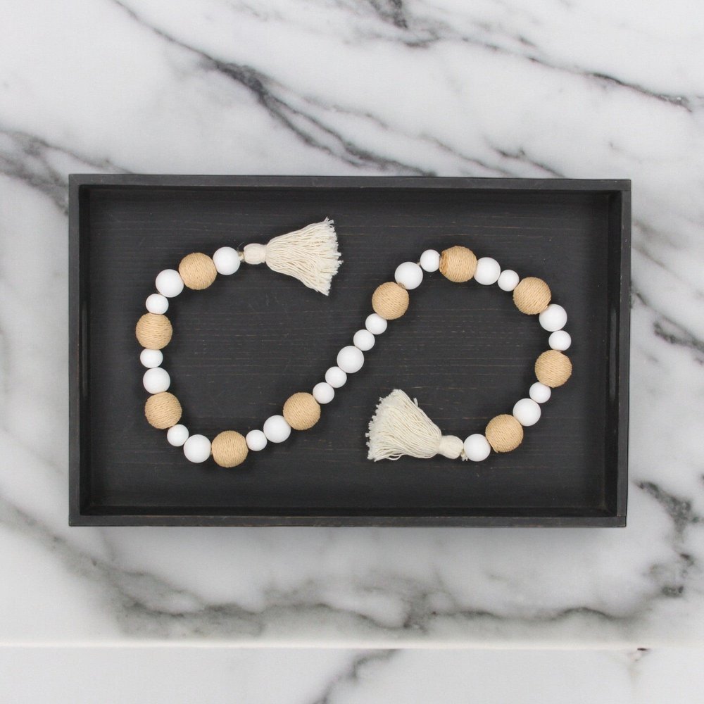 38" White And Natural Wood And Fabric Hand Painted Decorative Tassel