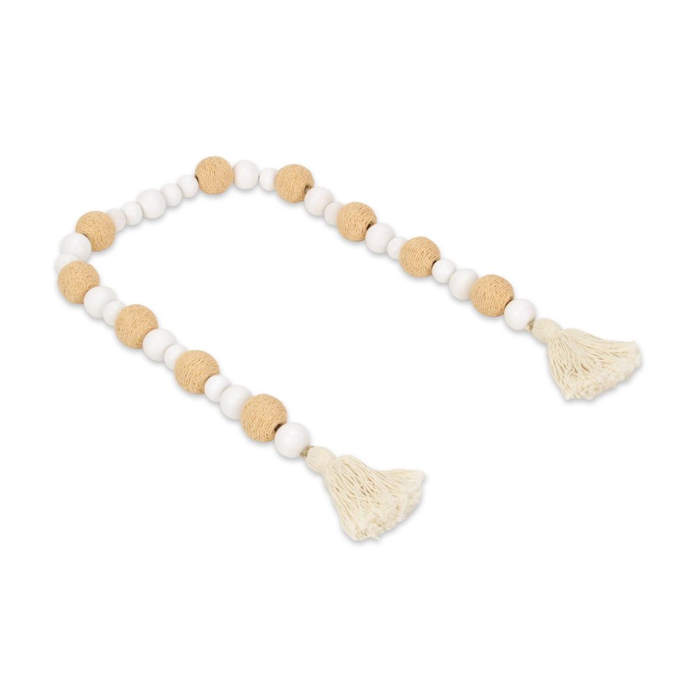 38" White And Natural Wood And Fabric Hand Painted Decorative Tassel