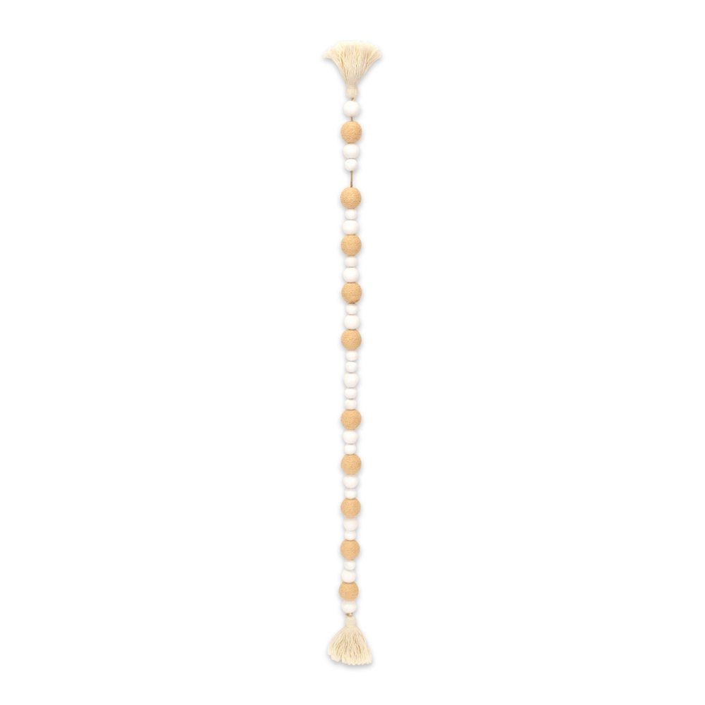 38" White And Natural Wood And Fabric Hand Painted Decorative Tassel