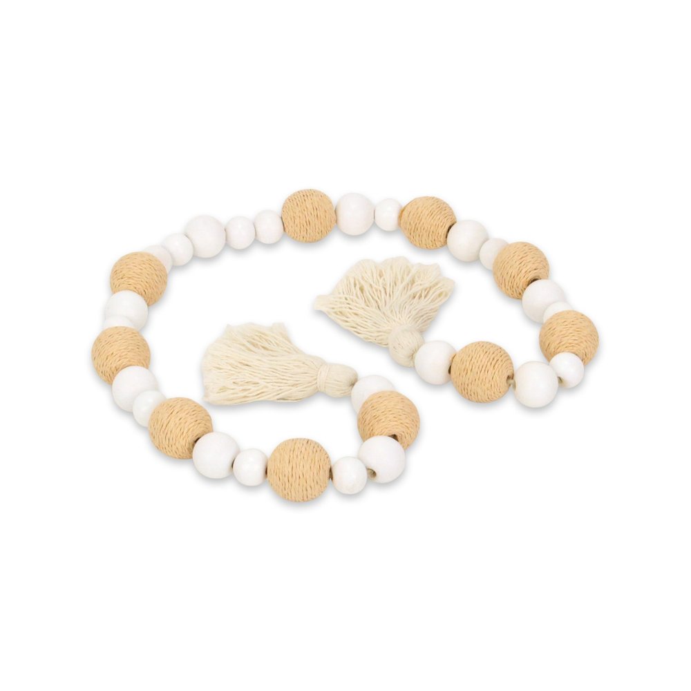 38" White And Natural Wood And Fabric Hand Painted Decorative Tassel