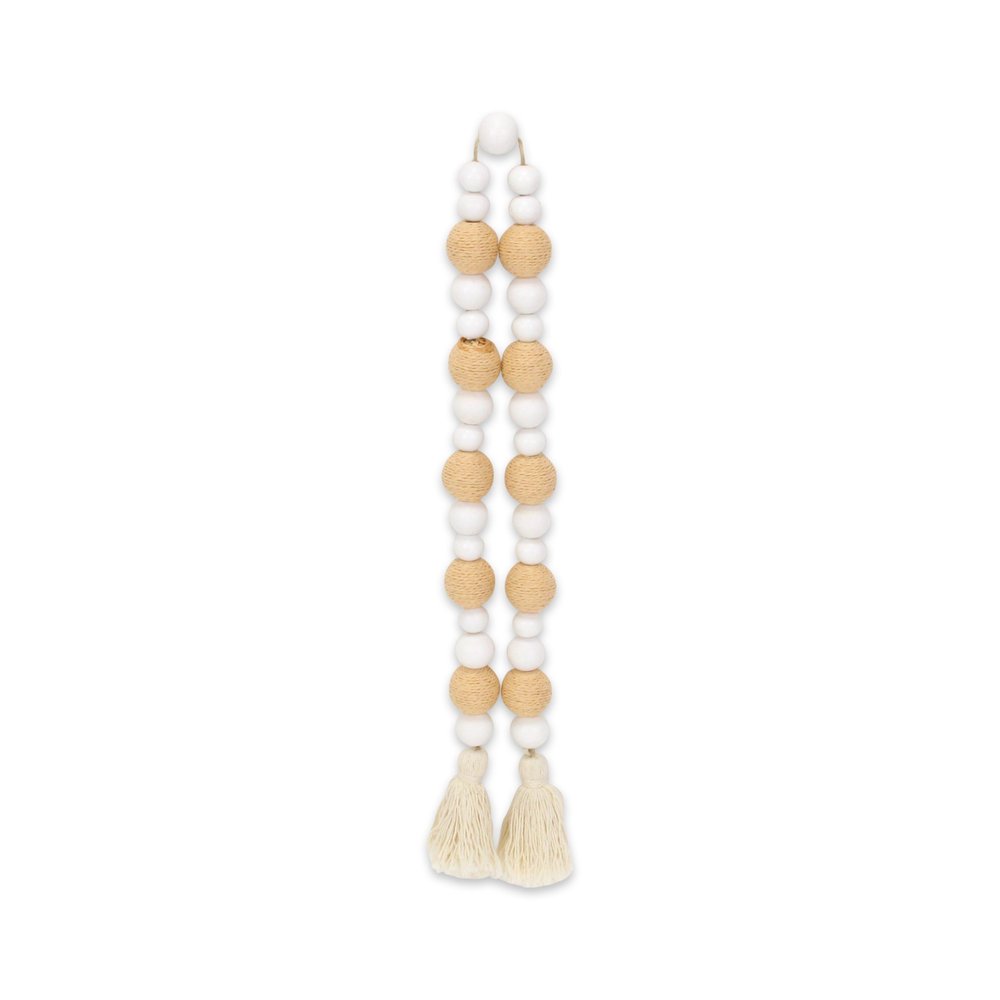 38" White And Natural Wood And Fabric Hand Painted Decorative Tassel