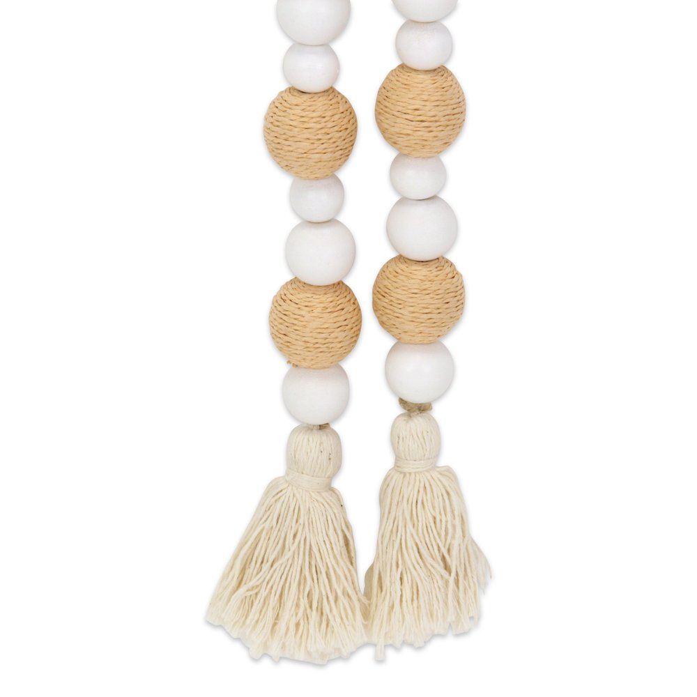 38" White And Natural Wood And Fabric Hand Painted Decorative Tassel
