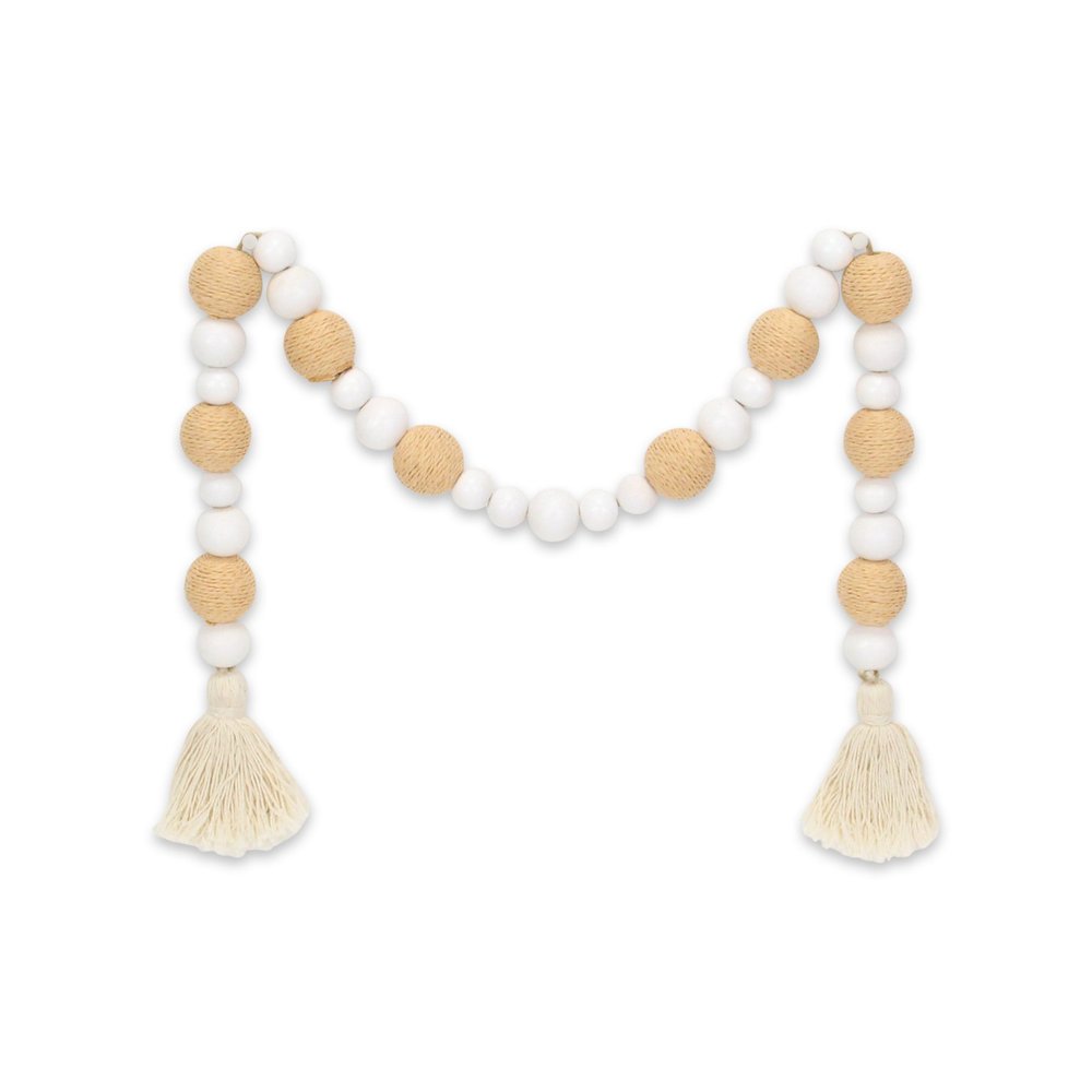 38" White And Natural Wood And Fabric Hand Painted Decorative Tassel