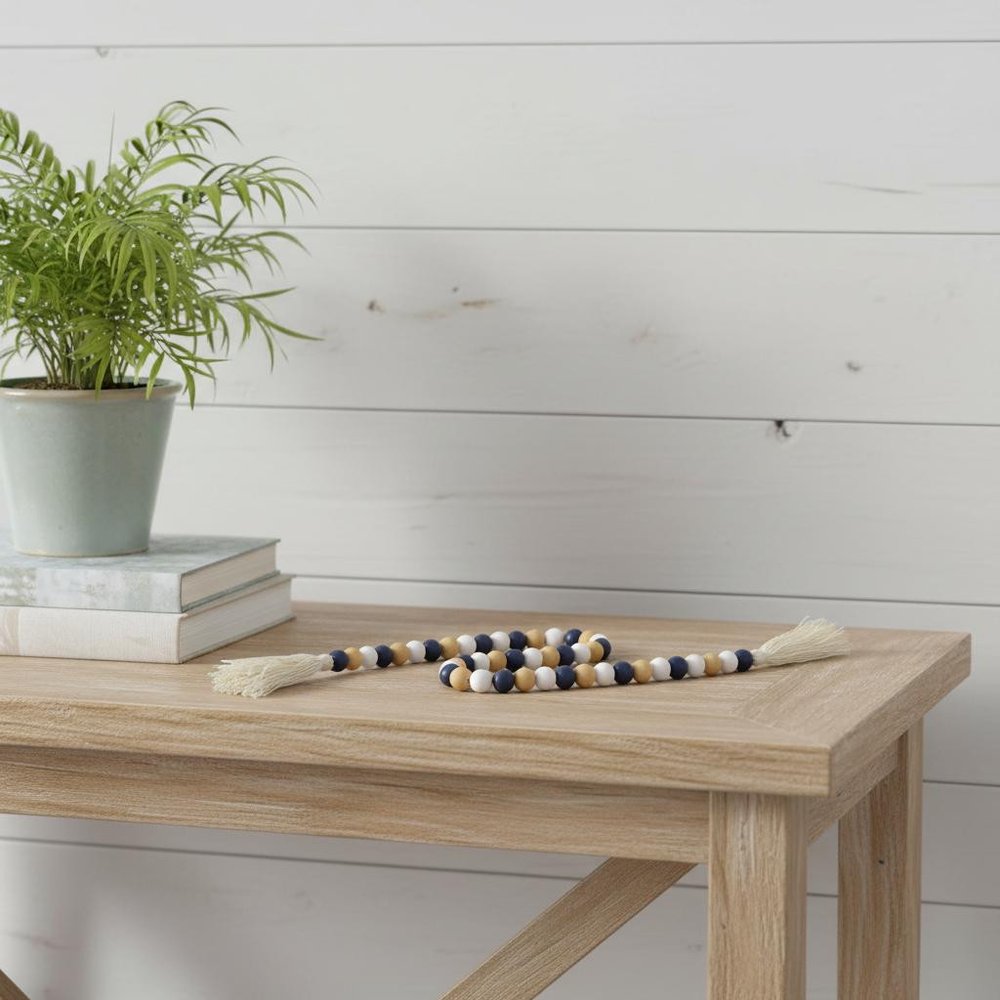 36" Blue Natural And White Wood Hand Painted Decorative Tassel